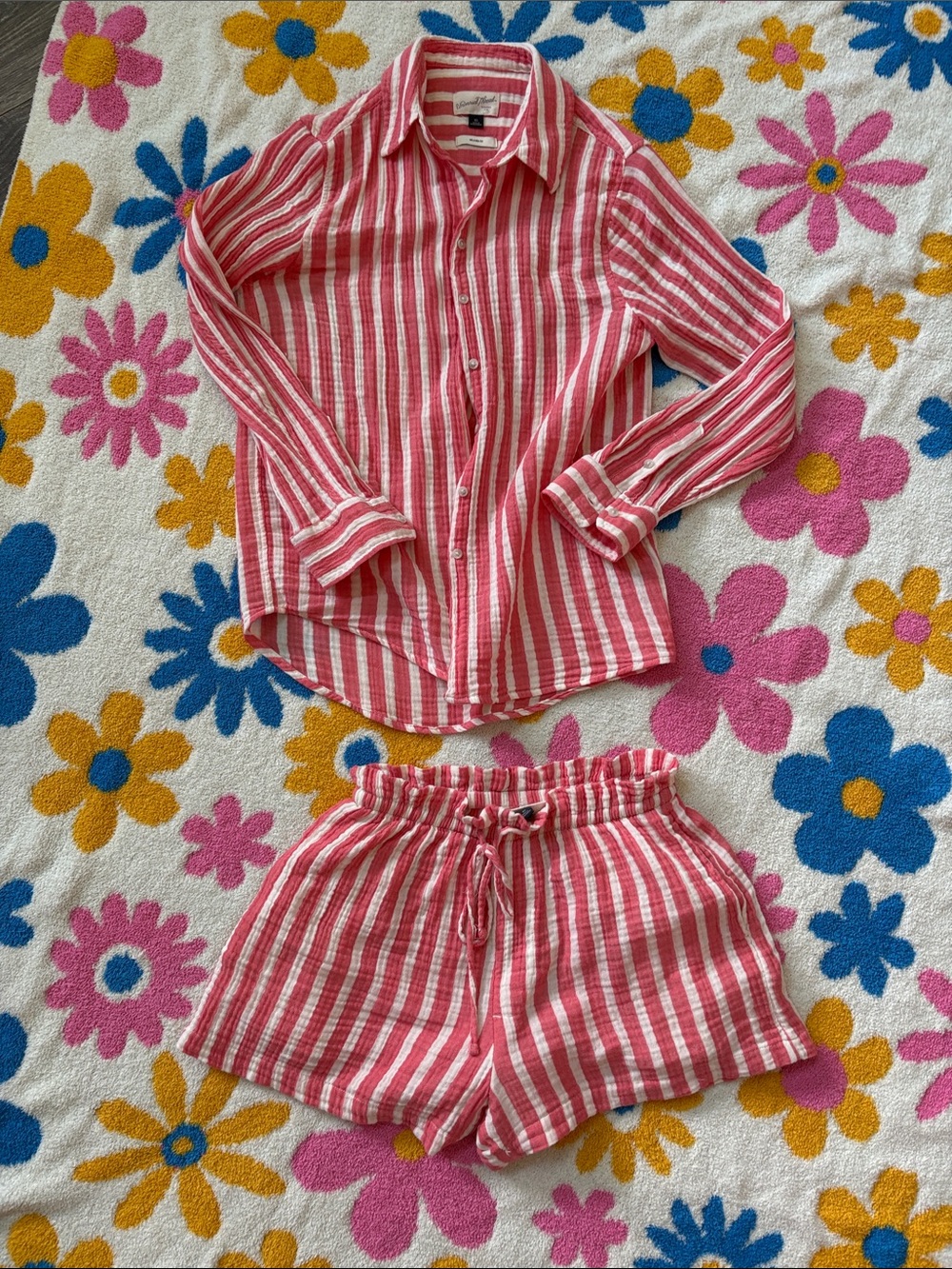 Nice Pink and White Striped lounge Set - Soft Button-Up Top & Drawstring Shorts